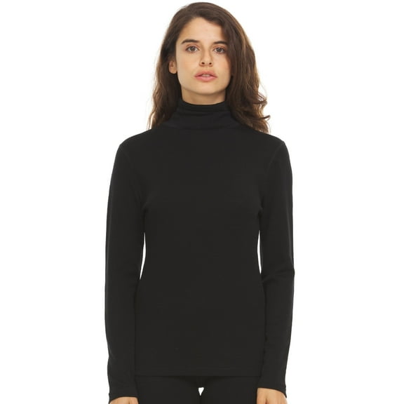 100% Merino Wool Womens Long Sleeve Midweight Turtleneck - Warm Sweater - Fold-over Turtleneck - Black - X-Small