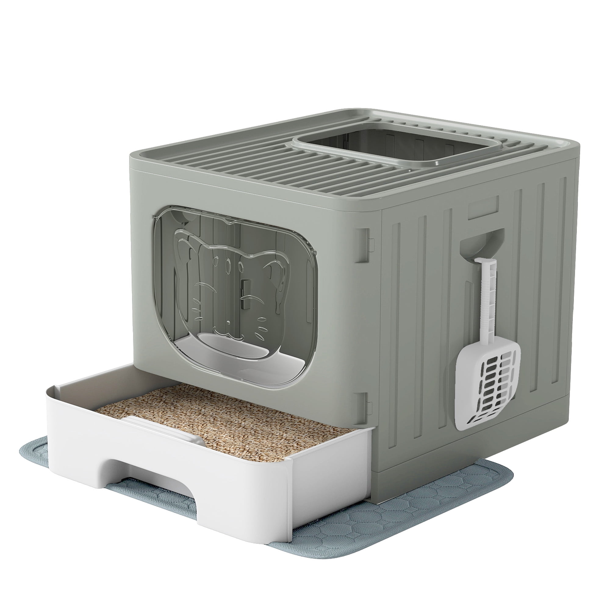 Uforic Large Enclosed Cat Litter Box with Mat and Litter Scoop,Cat Toilet Box with Lid Drawer Type Easy to Clean,Gray