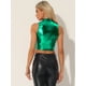 thumbnail image 4 of Top corto metálico para mujer Cuello falso Cremallera frontal Sin mangas Holográfico Sparkle Party Verde L, 4 of 6