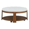 thumbnail image 4 of 2-Tier Large Round Ottoman Coffee Table For Living Room, Modern Upholstered Button Tufted Linen Footrest Ottoman With Wood Shelf Storage & Wheels, 4 of 9
