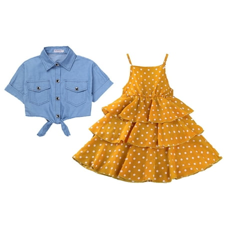 

QIPOPIQ Girls Clothes Clearance Toddler Kids Baby Girls Denim Jacket Polka Dot Slip Layered Dress Set Outfits