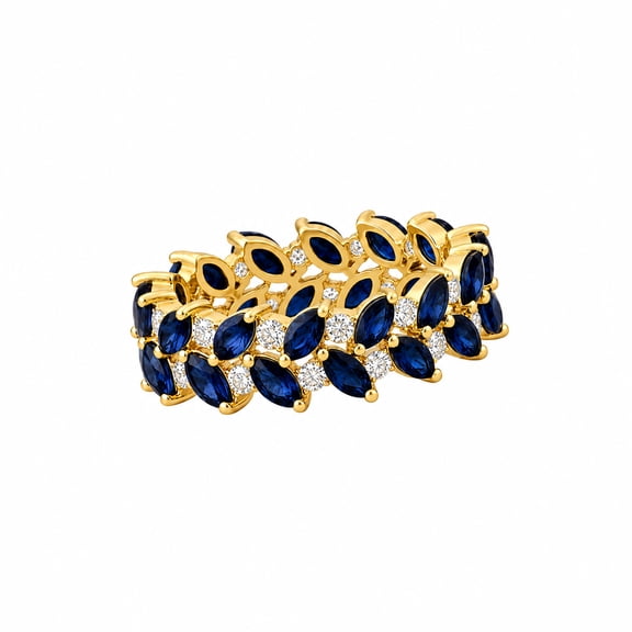 Marquise Cut Blue Sapphire Eternity Band Ring, Moissanite Double Layer Yellow Gold Plated 925 Sterling Silver Ring, September Birthstone Proposal Ring