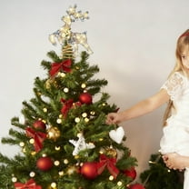 Antqov Lighted Reindeer Star Christmas Tree Topper, Metal Xmas Glitter Treetop Ornaments with LED Warmer Lights, Battery Powered Christmas Tree Decorations for Indoor Home Party Holiday Decor