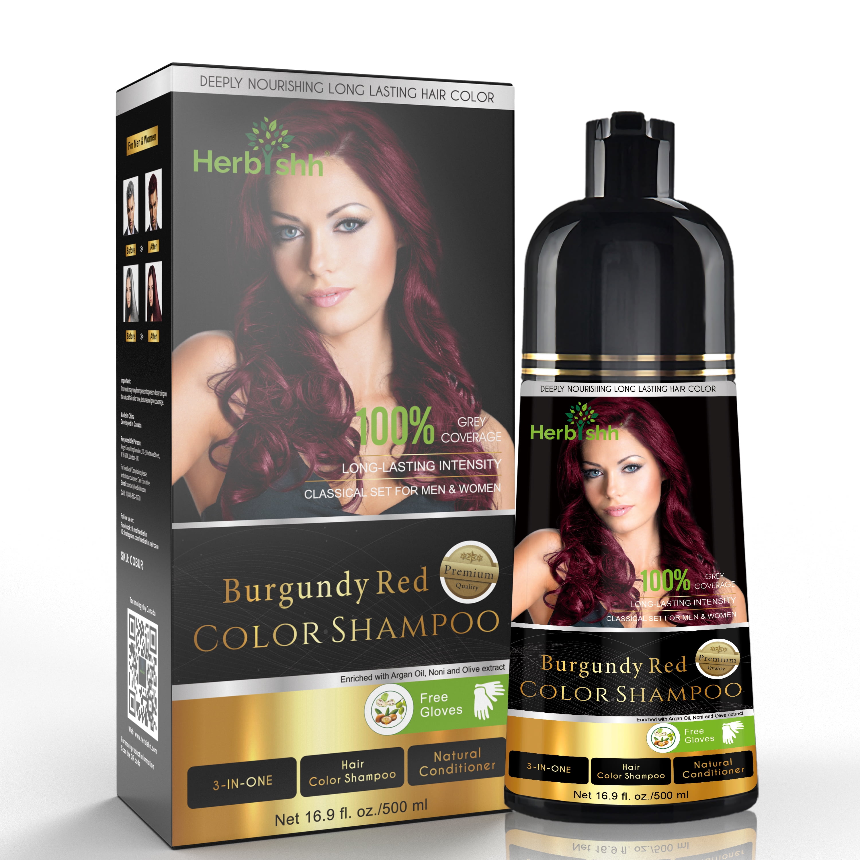 Herbishh Burgundy Hair Color Shampoo for Gray Hair with Pack 2 Hair colour stain remover, Hair Dye Shampoo 3 in 1, 100% Gray Coverage, Permanent Hair Color for Men & Women, Ammonia-free, 500 ml