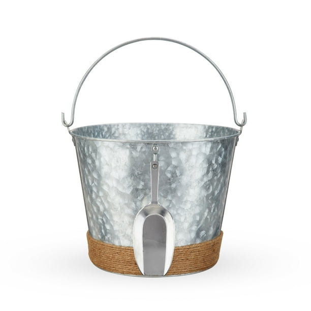 Twine Seaside Ice Bucket with Scoop, Jute Rope Wrapped Farmhouse