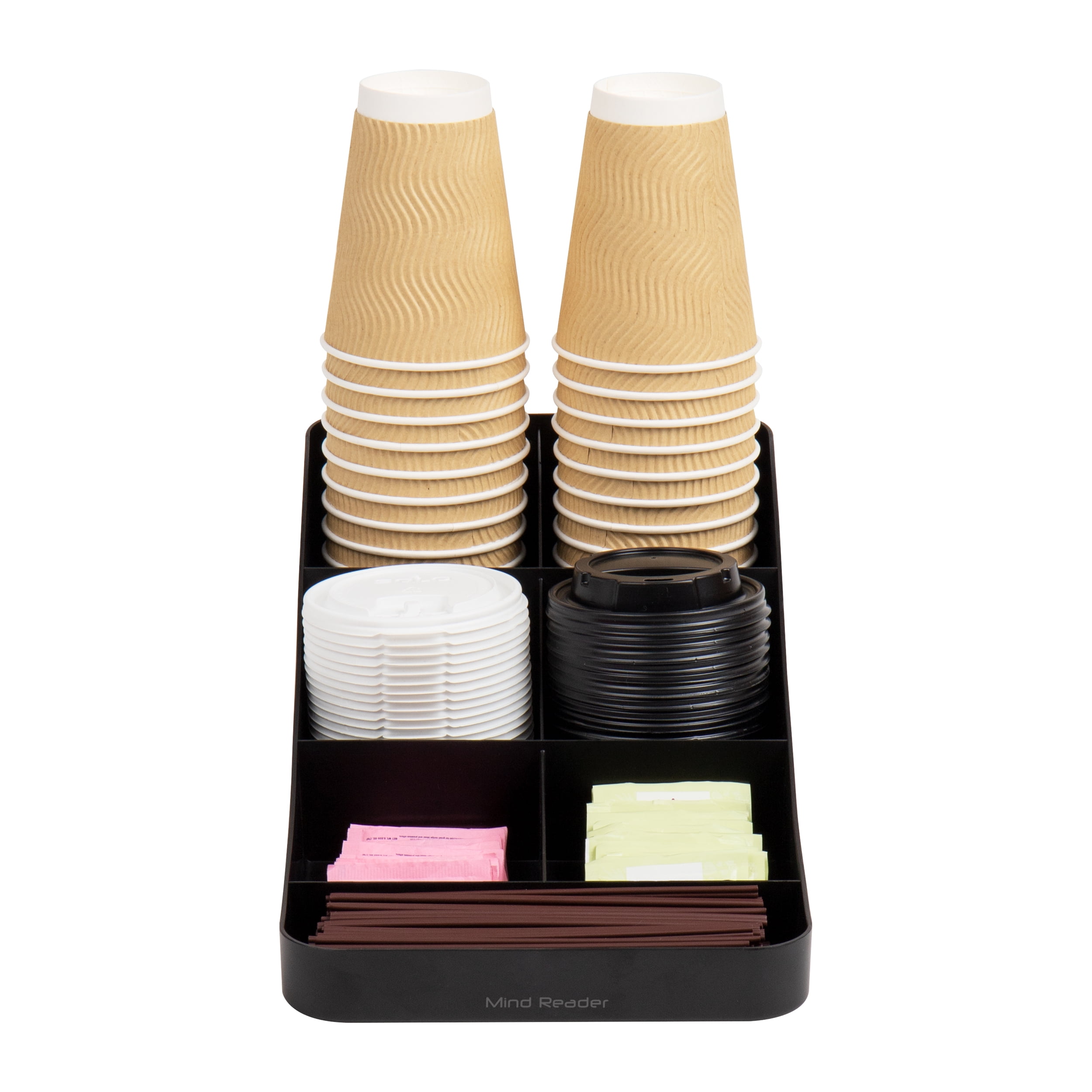 Mind Reader Plastic Cup and Condiment Station Countertop Organizer, 7.25"L x 15.5"W x 5.25"H, 2-Pack, Black