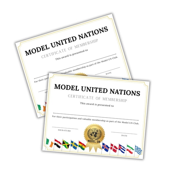Model UN United Nations Club Certificate of Membership 30pk 8.5x11 Sponsor High School Meet Graduation Cord Award Participation