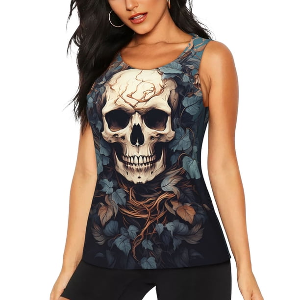 Fotbe Vintage Leaf Flower Skull Blusas Sin Mangas para Mujer – Estilo Casual, Corte Suelto, Slim-Fit, Cuello Redondo Deportivo, Tops de Verano para Gimnasio y Yoga-Small