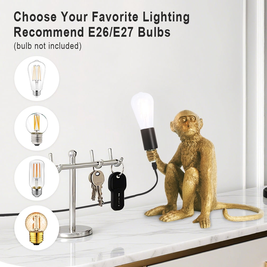 Elinkume Monkey Table Lamp, Resin Design Table Lamp, Bedroom, Living Room 4.33*12 inches (Gold)
