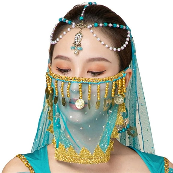 Women Belly Dance Tribal Face Veil Halloween Costume Accessory Beaded Masquerade Mask Dance Outfit Sexy Princess