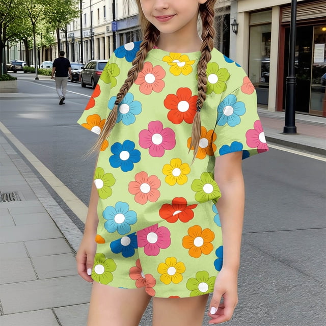 RKSTN Girls Ensembles pour Filles, T-Shirts à Col Rond à Manches Courtes à Imprimé Floral Coloré avec Shorts, Grande Enfant, Ensemble Pièce Two (Vert, 3-4 Ans)