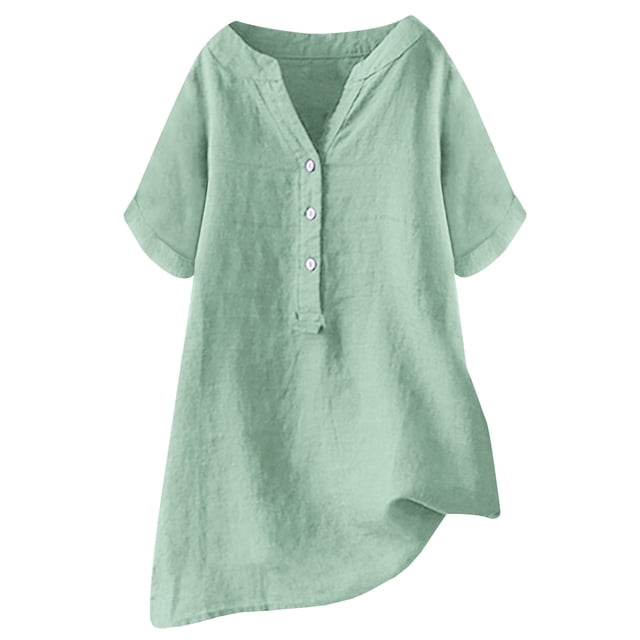 Loose Fit Solid Color Linen Casual Short Sleeve Button Top for Women Womens Compression Cold Gear Long Sleeve Shirts for Women Fall 100 Polyester Shirts Women Long Exercise Shirts Women Turtle