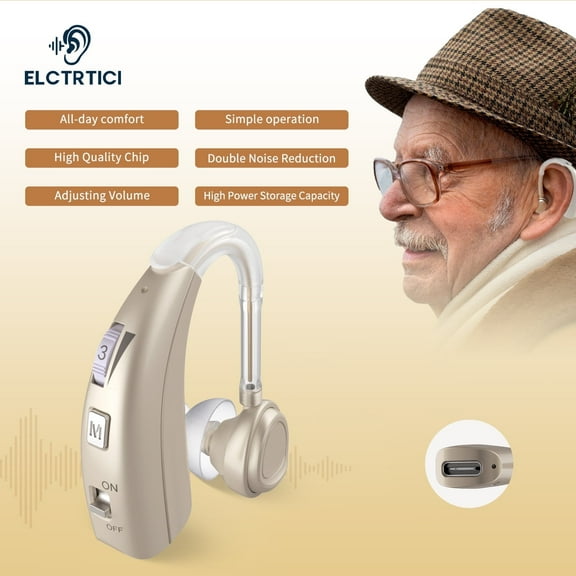 ELCTRTICI Hearing Aids for Seniors, Rechargeable Hearing Aid With Noise Cancelling and Volume Control,2 Frequency Modes,VHP-1303 Single,Gold