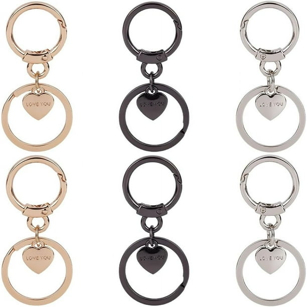 1 caja de 6 llaveros de metal con forma de corazón "Te amo", en 3 colores, cierres para llaveros, de aleación dorada, plateada y negra, para San Valentín, con dijes de corazones.