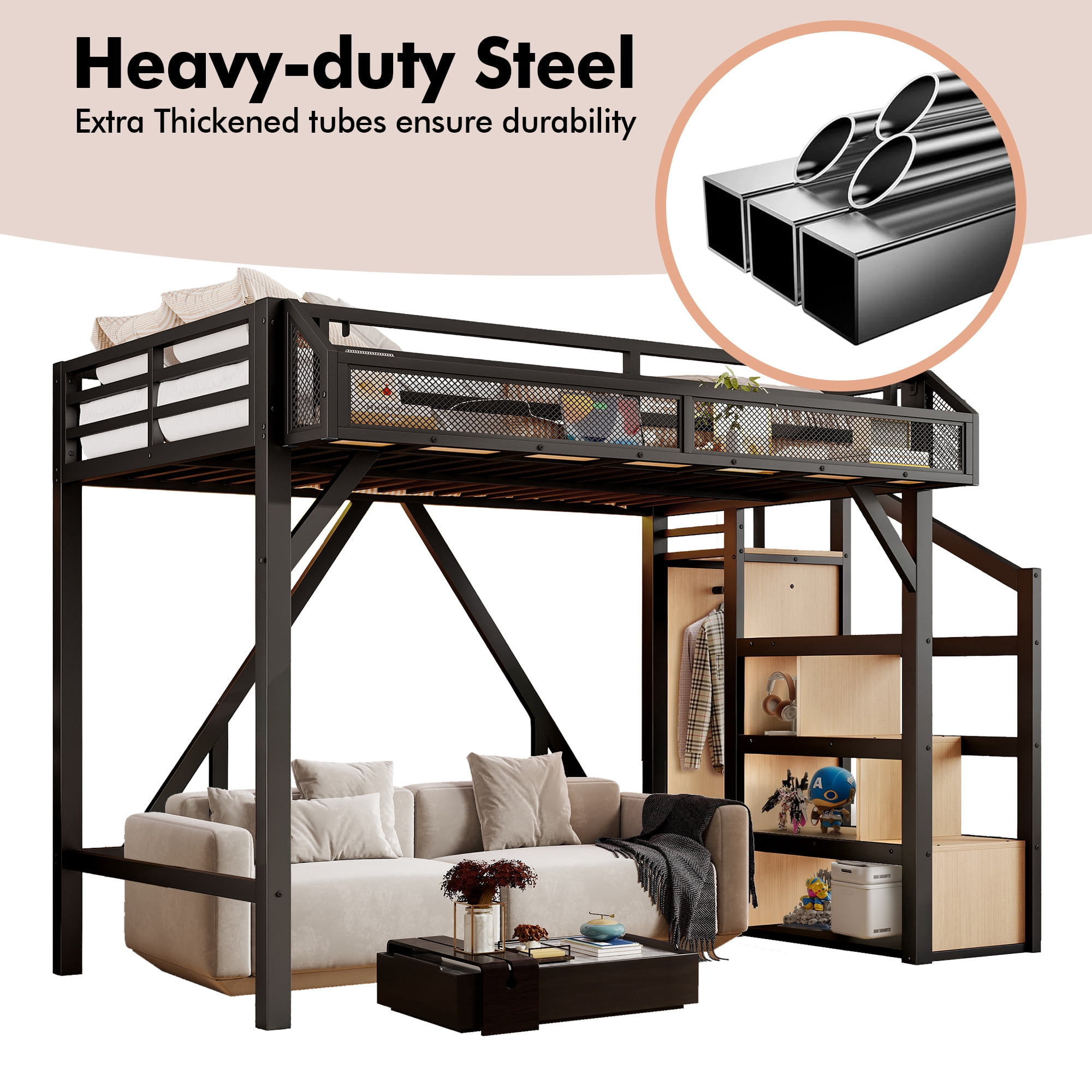 Aukfa Twin XL Metal Loft Bed with Storage Stairs, Shelves, Wardrobe, USB Ports & LED Lights, Heavy-Duty Bed Frame for Adults & Kids, Black