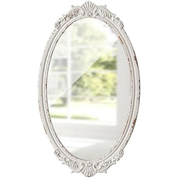 Antique Arendahl Glam Ornate Oval Mirror 24" X 14", Hanging Distressed White Vintage Mirrors for Wall Decor Living Room, Wood Mirrors for Bathroom Entryway, Horizontal or Vertical