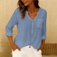 thumbnail image 6 of Puyaiuu Womens Tops 3/4 Sleeve V Neck Linen Button Down Shirts Business Casual Outfit Basic Tees Summer Top Gift, 6 of 9