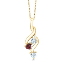 Gem Stone King 18K Yellow Gold Plated Silver Sky Blue Aquamarine and Red Garnet Pendant Necklace for Women (0.83 Cttw, Gemstone March Birthstone, Heart Shape 4MM, with 18 inch Silver Chain)