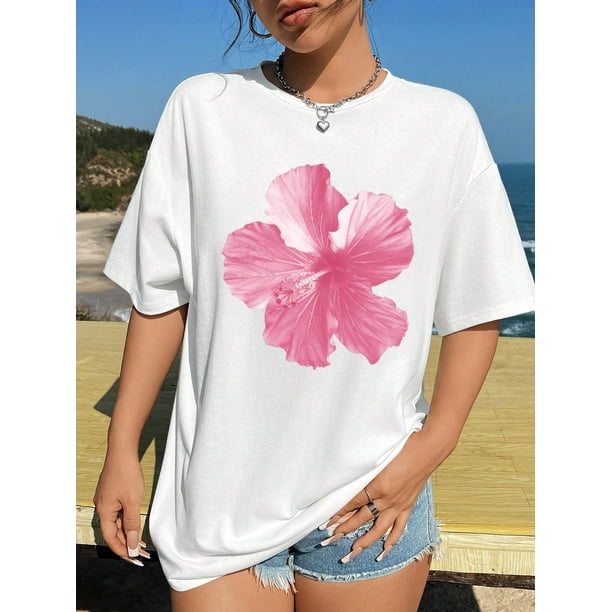 Camiseta de manga corta para mujer transpirable Moda de veranoSHEIN EZwear Casual Minimalist Pink Hibiscus Floral Graphic Round Neck Short Sleeve Loose Fit Women Camisetas de verano para mujer, mang