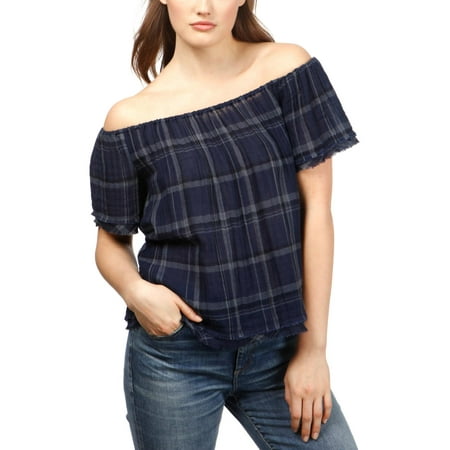 Lucky Brand Womens Plaid Off-The-Shoulder Casual Top