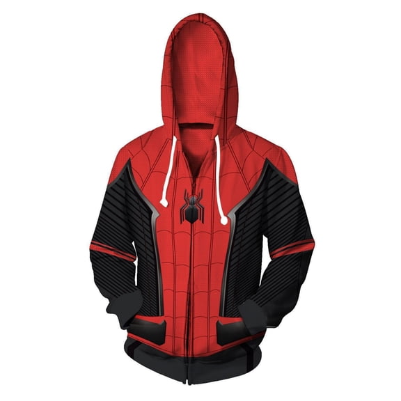 Spider Hero Full Zip Up Hoodie, Red Black Graphic Web Print Long Sleeve Pocket Sweatshirt for Adults Halloween Cosplay