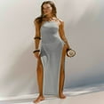 thumbnail image 4 of LYMAYTER Women Halter Dresses Knitted Fashion Open Back Dress for S-L Double High Slit Beach Long Dress, 4 of 7