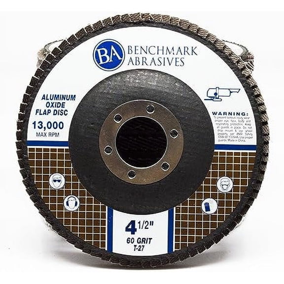 Benchmark Abrasives 4.5" x 7/8" Aluminum Oxide Flap Discs for Sanding, Grinding, Finishing, Stock Removal on Stainless Steel, Carbon Steel Alloys Metals (10 Pack) - 60 Grit