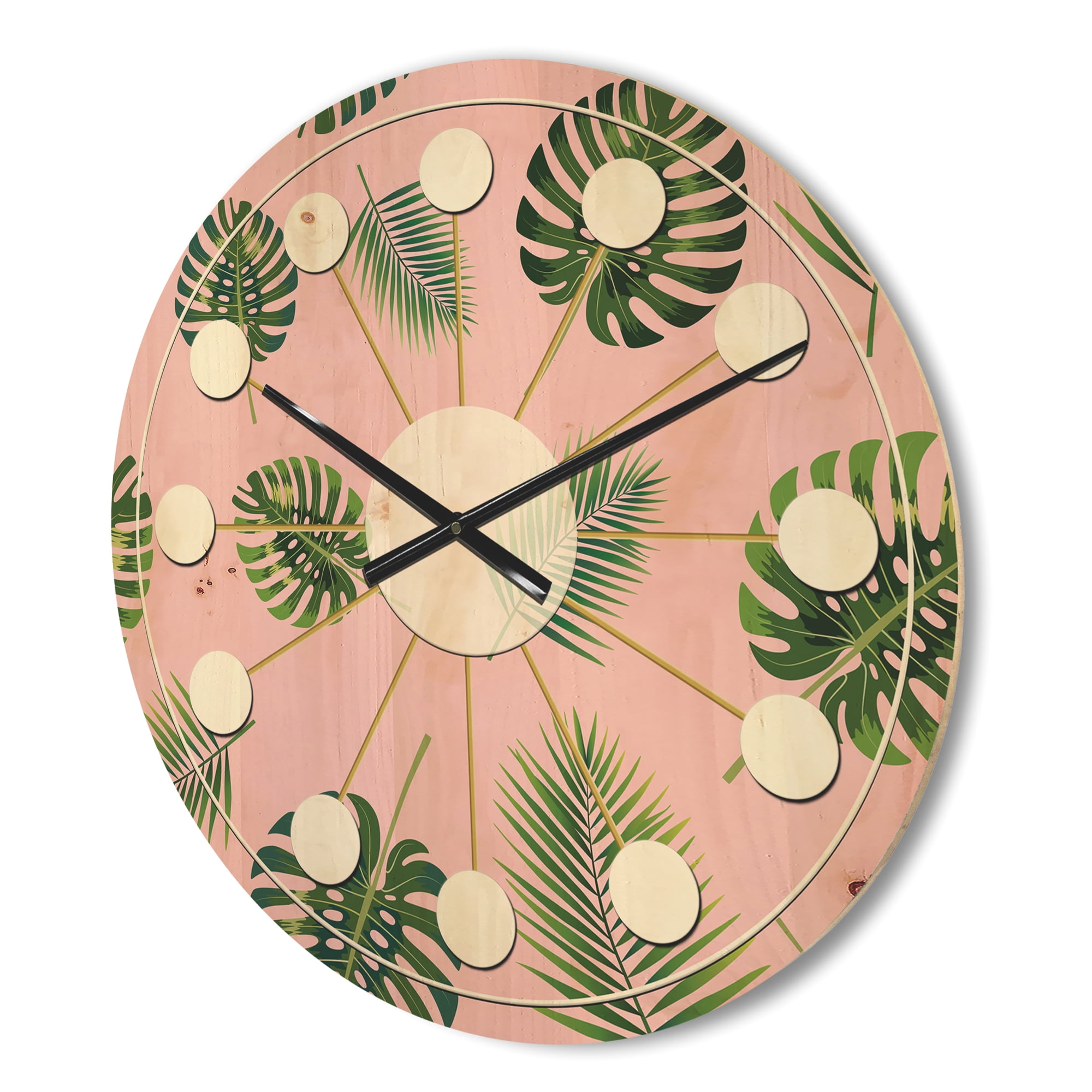 Designart 'Palm Tropical Leaves Retro Pattern' Mid-Century Modern Wood Wall Clock