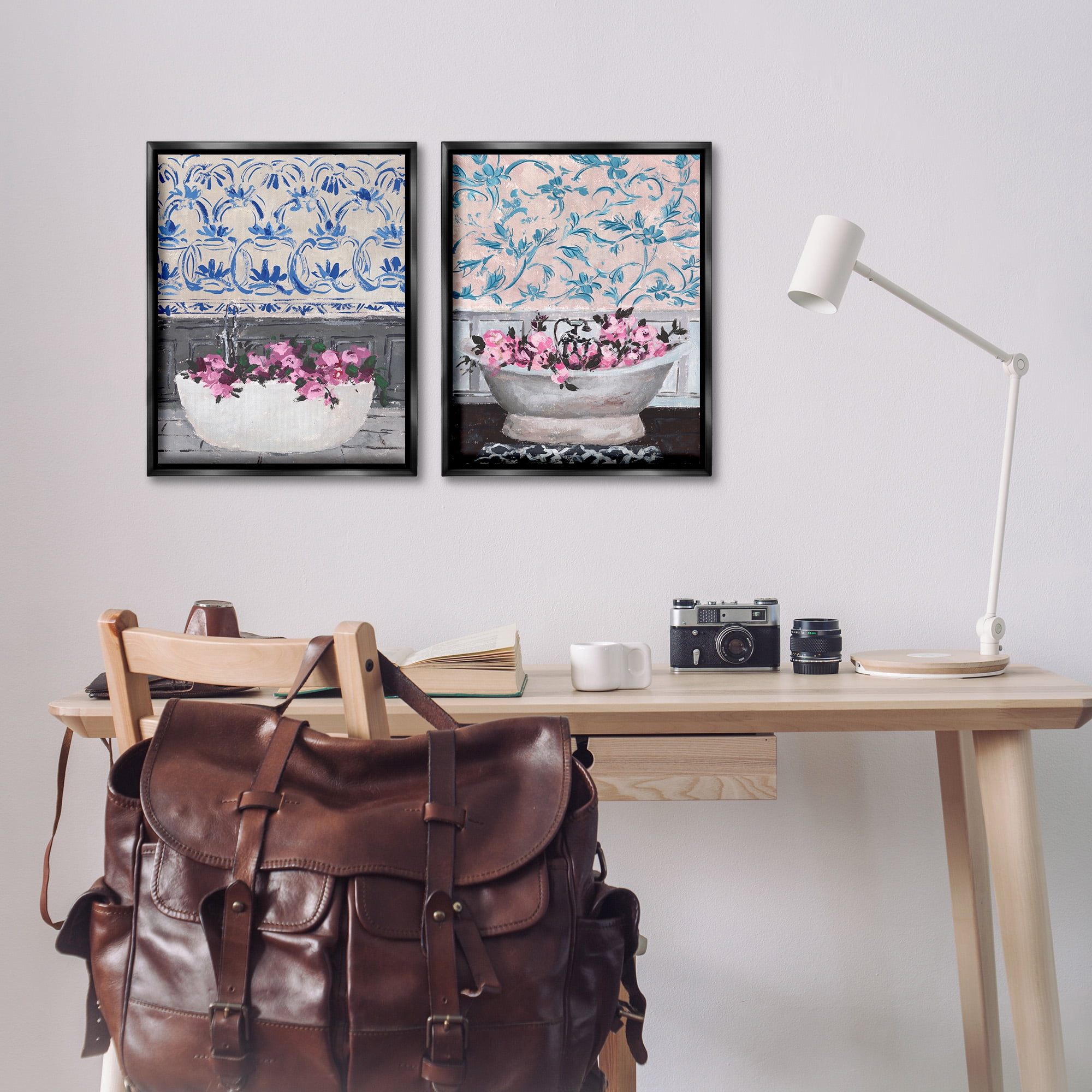 Stupell Industries Flowers In Bath Tub Interior Design Botanical & Floral Painting Black Floater Framed Canvas Art Print Wall Art, 17 x 21, Set of 2
