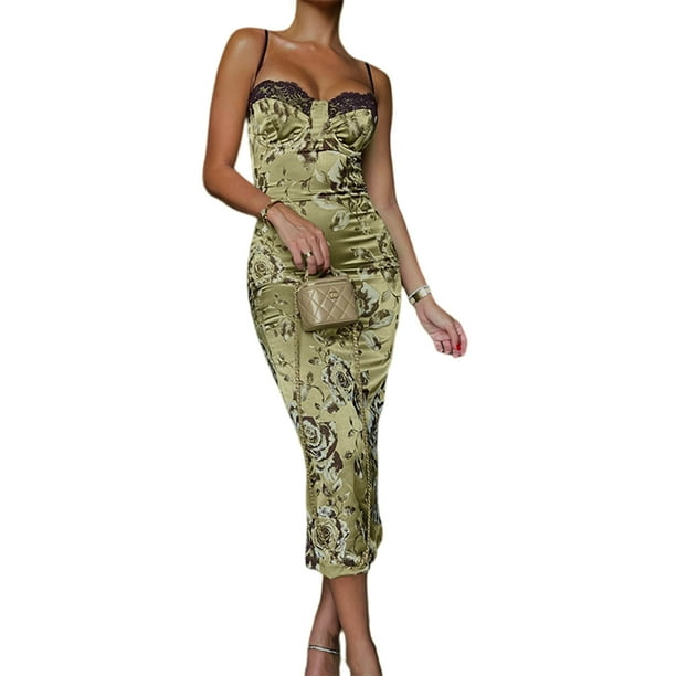 Vestido De Encaje De Mujer Vestido largo sexy Vestido elegante con estampado floral sexy Vacaciones Vacaciones (Retro verde L) Ygjytge para Mujer verde retro T S