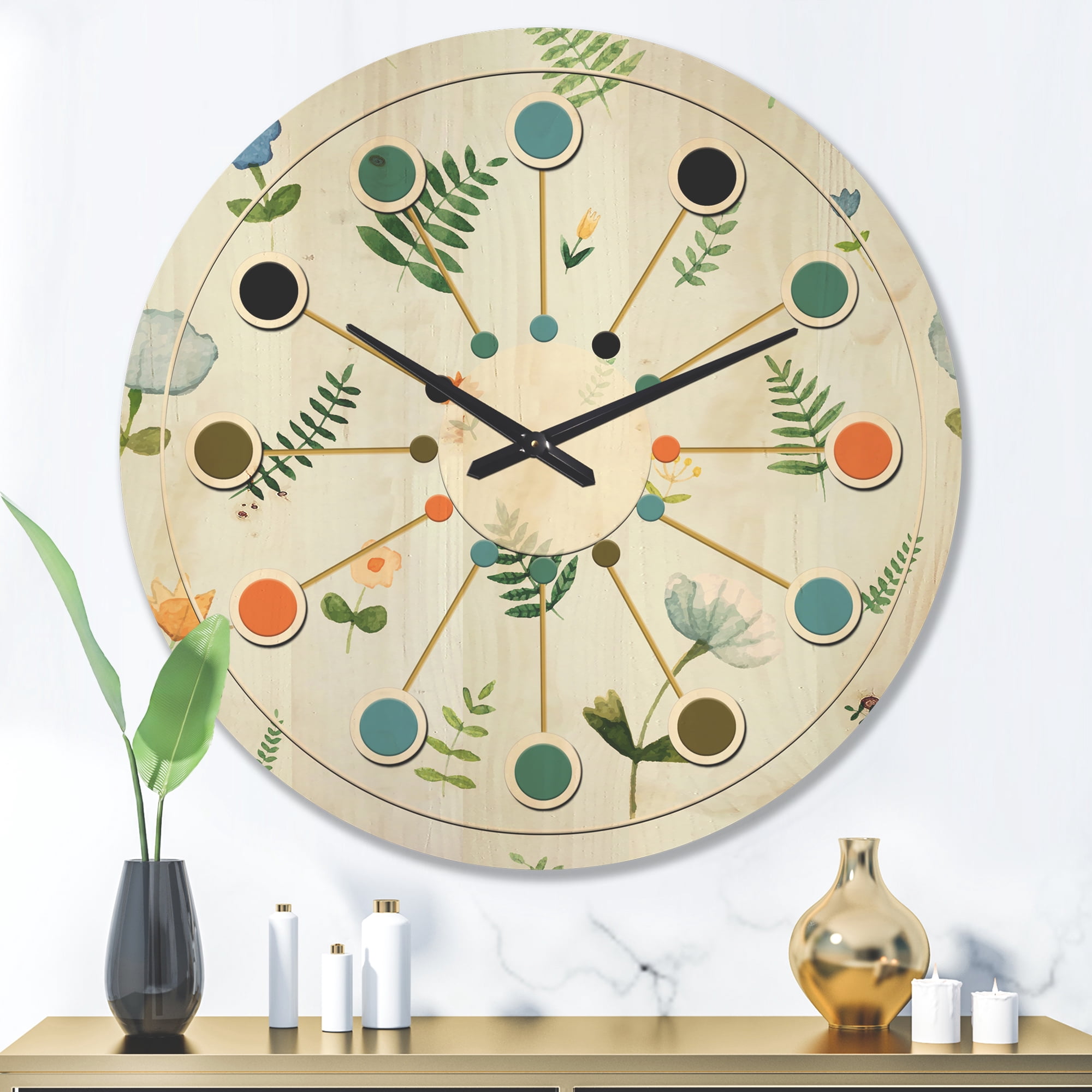 Designart 'Floral Retro Pattern IX' Mid-Century Modern Wood Wall Clock