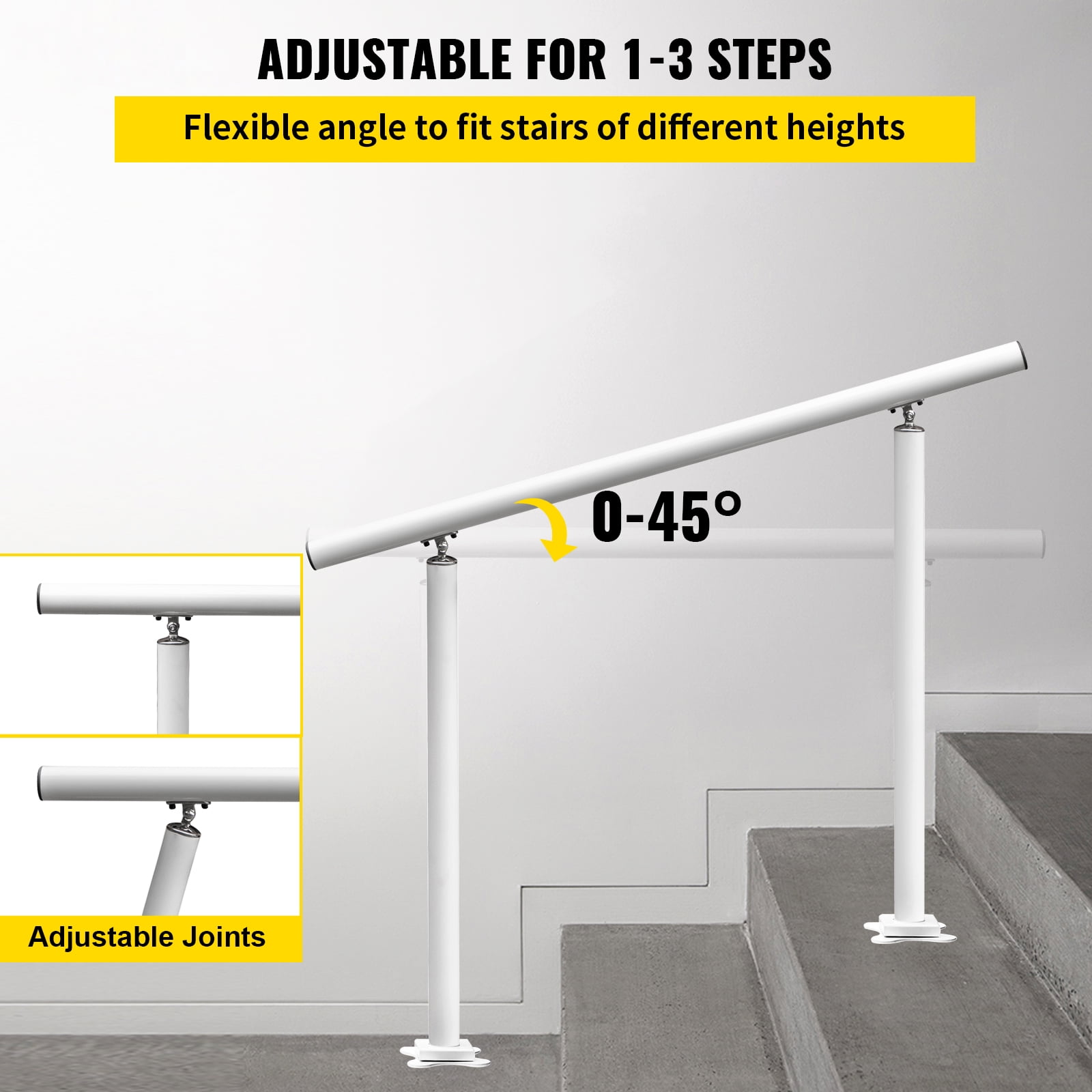 VEVOR 3 FT Handrail Adjustable from 0 to 60 Degrees, 34 inch Outdoor Handrail, Outdoor Stair Railing Handrail for White Aluminum Stair Railing for Garden, Office Area