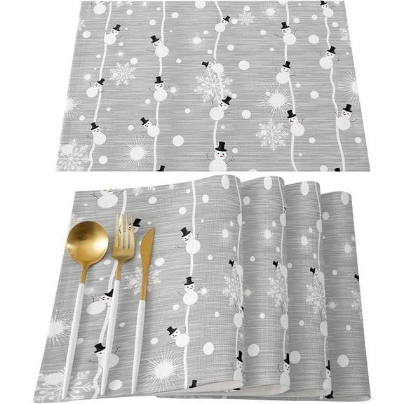 Winter Placemat for Dinning Table Christmas Placemat Set of 6-Cotton Linen Waterproof Cloth Table Mat-Snowman Snowflake Place Mat,Washable Easy Clean Fabric,Rustic Farmhouse Holiday Dinner Decor-Gray