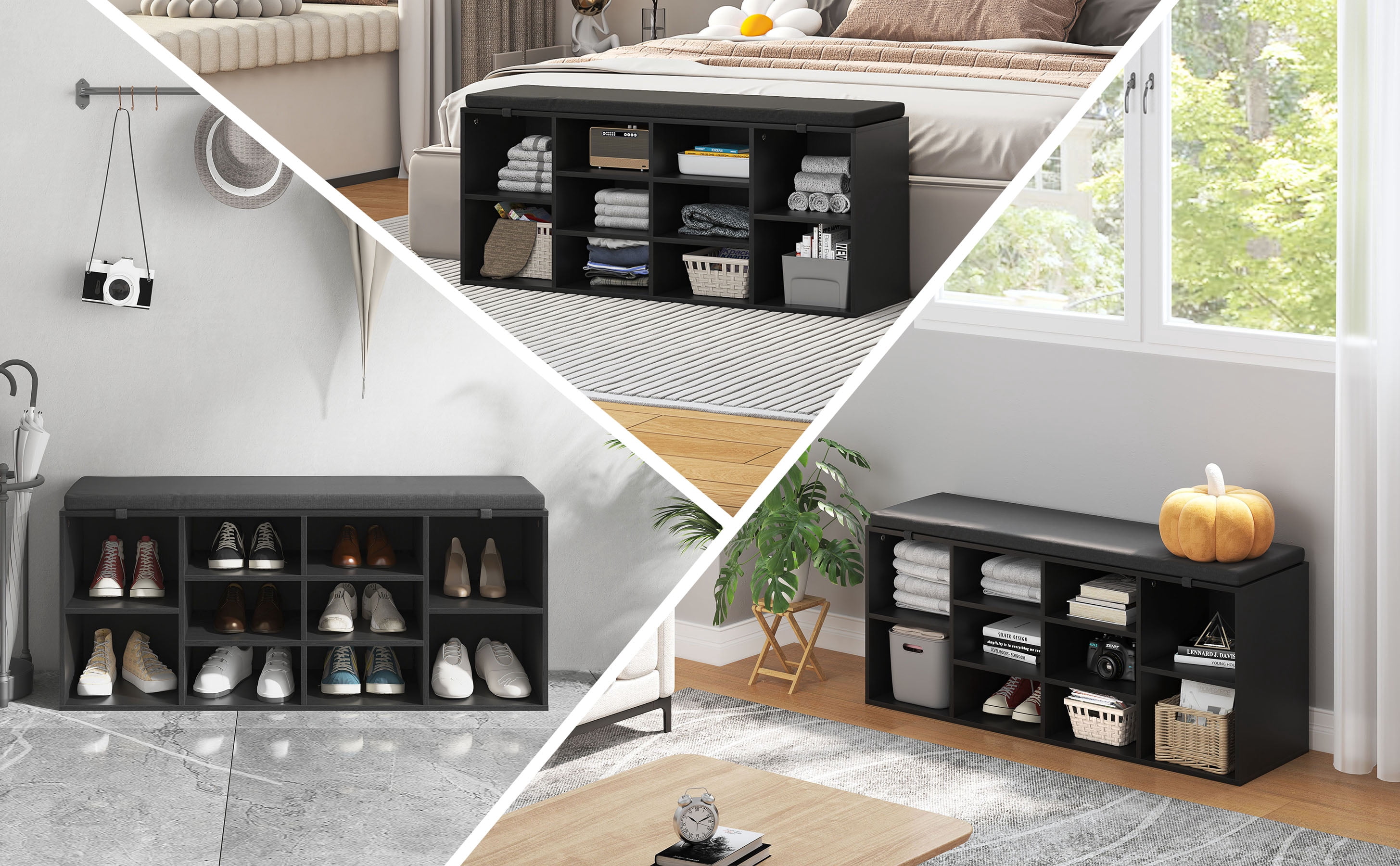 Shoe Storage Bench, 10 Cubbies Storage Rack Bench with Padded Seat, Space Saving Shoe Shelf for Entryway, Living Room, Hallway, Bedroom,Black
