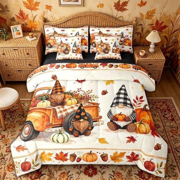 Manfei Cartoon Fall Gnome Truck Twin Bedding for Teens, Orange Autumn Pumpkin Leaf Bedding Comforter Set, Black Reversible, 7-Piece