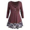 thumbnail image 1 of Camiseta del panel de encaje del botón de crisscross Rosegal Mangas largas de talla grande, 1 of 5