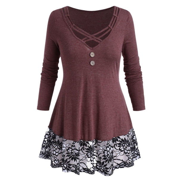 Camiseta del panel de encaje del botón de crisscross Rosegal Mangas largas de talla grande