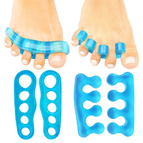 ViveSole Toe Stretchers (4 Pieces) - Silicone Gel Separators - Therapeutic Spa Spreaders for Plantar Fasciitis, Bunions, Overlapping Hammer Toe Spacers - Metatarsal Yoga Cushion (Blue, Small)?