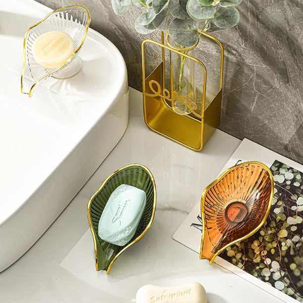 Jabonera transparente con drenaje automático y borde dorado, no porosa, fácil de limpiar, ideal para usar en la ducha, el baño, el fregadero de la cocina y la bañera (1 pieza). Rkxzt