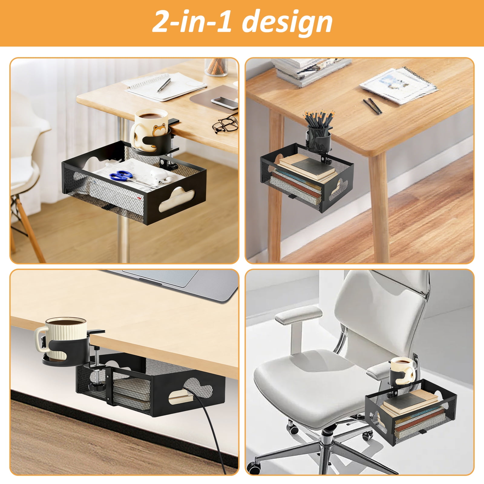 Under Desk Storage Organizer with Cup Holder, 360° Rotating Mesh Desk Drawer with Cable Hole, No Drill Clamp On for Office Supplies Coffee Mug Headphone and Phone, Black