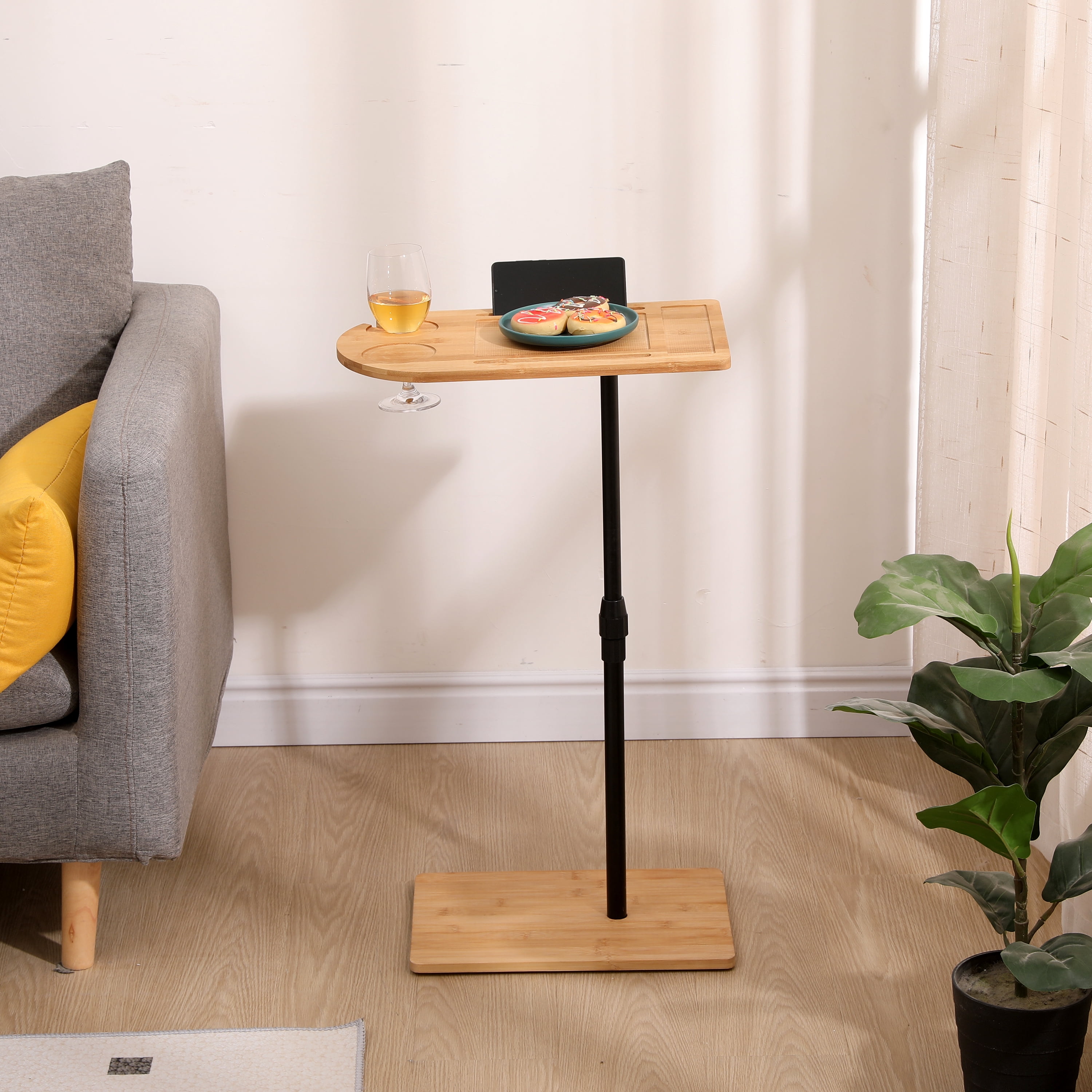 MAYEERTY Modern C-shaped Oval End Tables with Slots Couch Tray Table Bamboo Height Adjustable Side Table