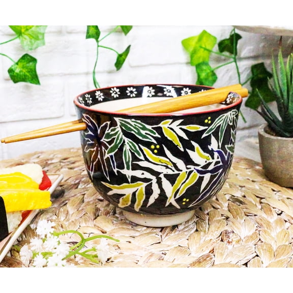 Ebros Pack Of 2 Night Willow Floral Bamboo Ramen Noodles Soup Bowl Chopsticks