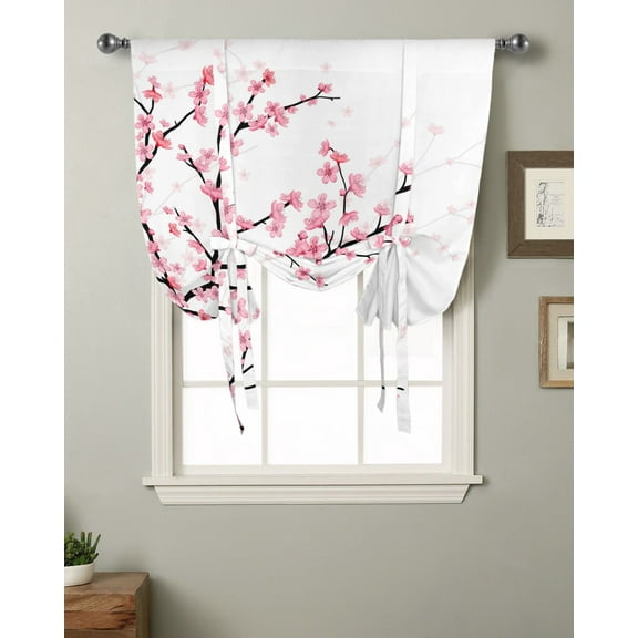 Spring Pink Flower Cherry Blossom White Window Curtain for Living Room Roman Curtains for Kitchen Cafe Tie Up Short Drapes