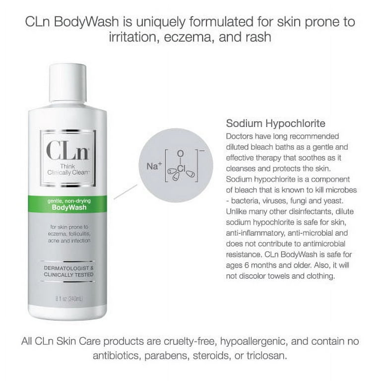 CLn® BodyWash - Non-Drying BodyWash Preserved with Sodium Hypochlorite, For  Compromised Skin Prone to Eczema, Dermatitis, Rash & Hidradenitis  Suppurativa, Frangrance-Free & Paraben-Free. 8 fl oz. 