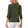 thumbnail image 4 of CURVOSPORT Women's Dressy Shirt Work Office Top Keyhole Pleated Front Ruched 3/4 Sleeve Chiffon Blouse L Army Green, 4 of 7