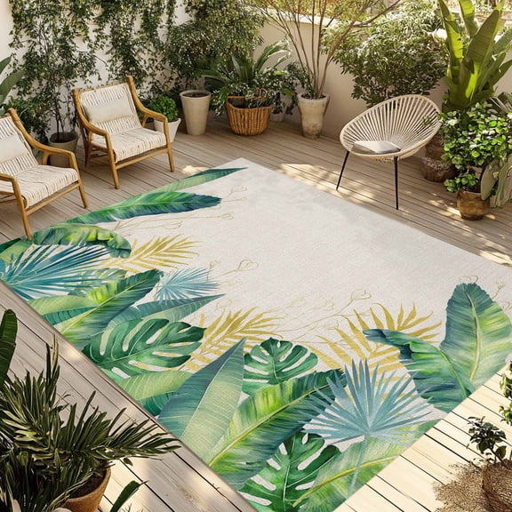 Monstera Leaves Outdoor Rug for Patio/Deck/Porch, Non-Slip Large Area Rug 5 x 8 Ft, Green Yellow Botanical Palm Leaf Summer Beige Indoor Outdoor Rugs Washable Area Rugs, Camping Rug Carpet Runner