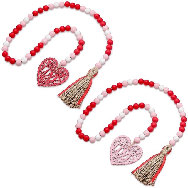 KAIYANG 2 guirnaldas de cuentas para el día de San Valentín, bandeja de madera con cuentas en forma de corazón y decoración en niveles