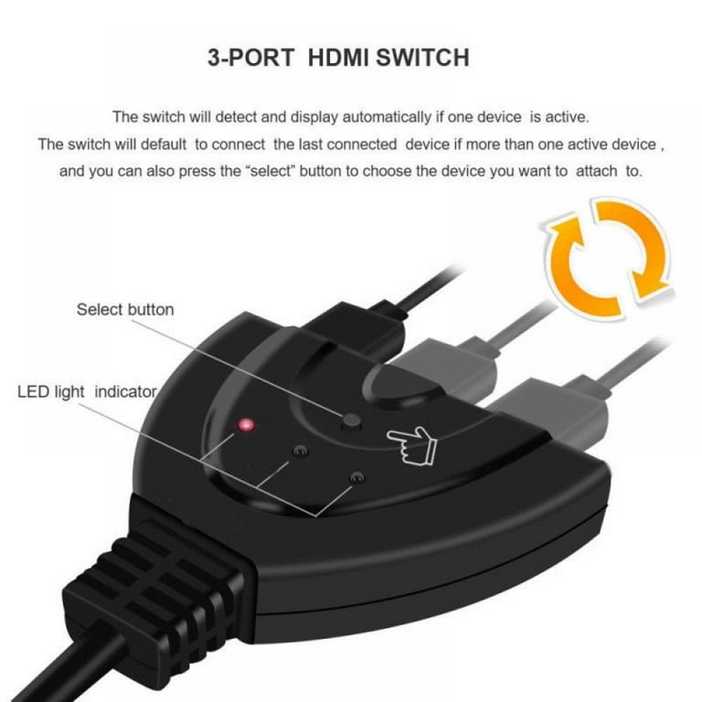 VKBAND HDMI Switch, 3 Port 4K HDMI Switcher 3x1 Switch HDMI Splitter  Pigtail Cable Supports Full HD 4K 1080P 3D Player