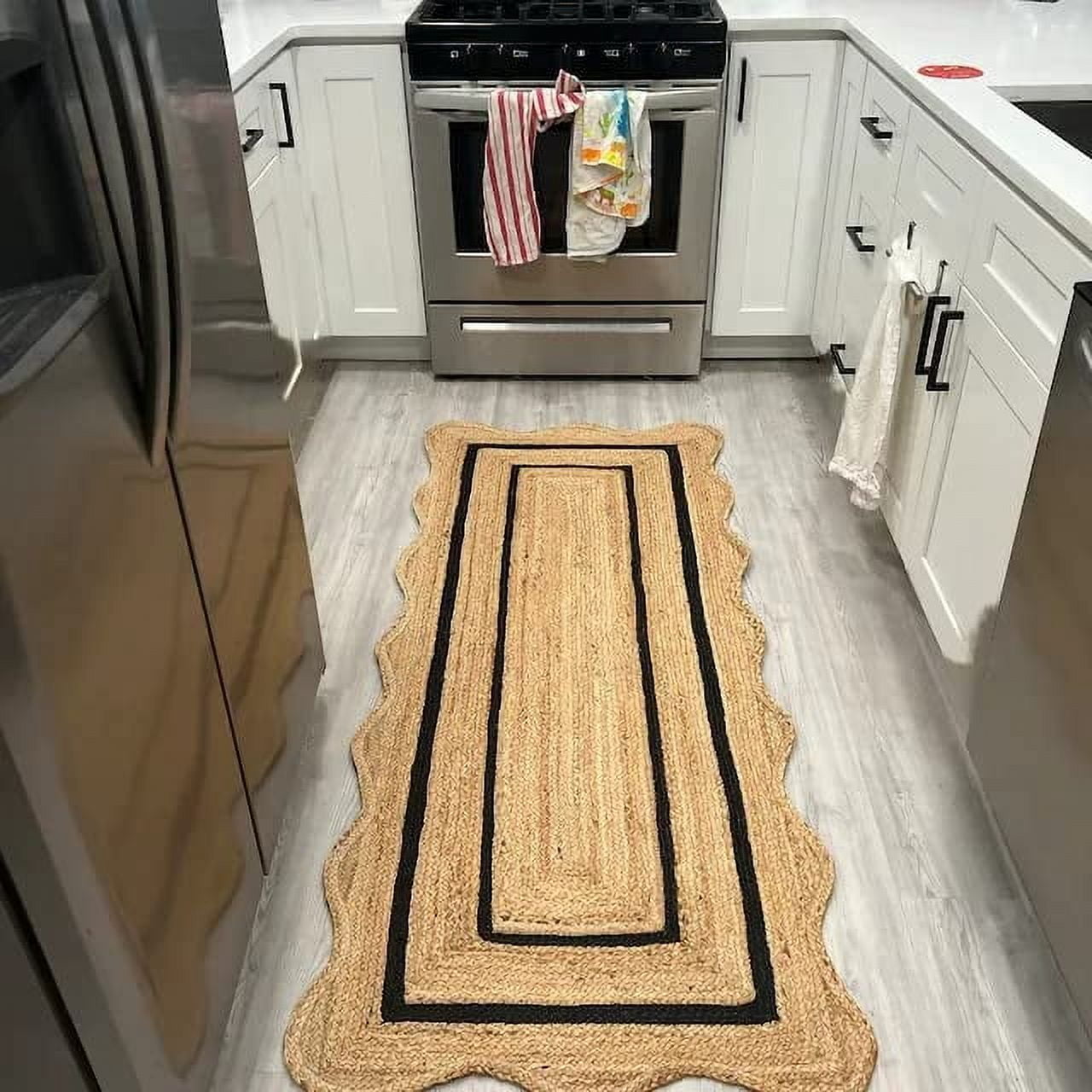 KLAVATE Natural Jute Wave Edge Hand Braided Scalloped Farmhouse Jute Runner Rug