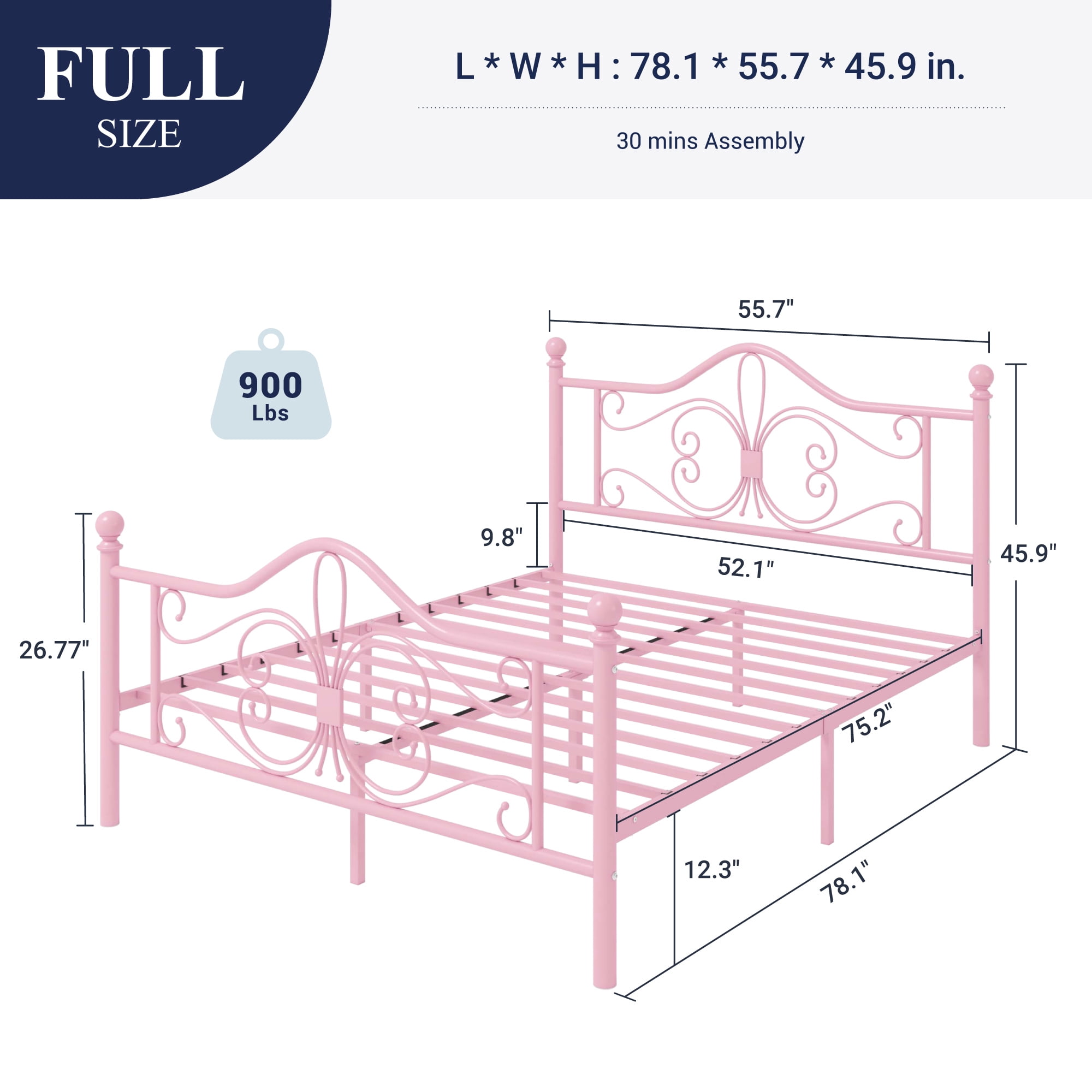 Allewie Full Size Vintage Metal Bed Frame with Butterfly Pattern Design Headboard & Footboard, Pink